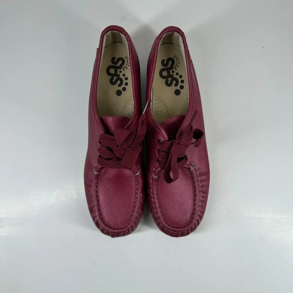 SAS Bounce Women's 11.5M Cranberry Burgundy Leather Lace-Up Wedge Moccasin Shoes